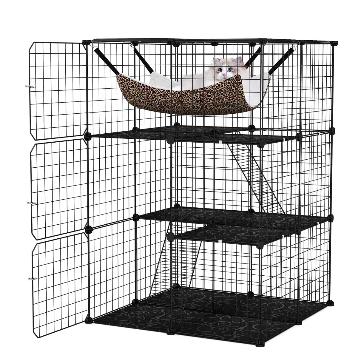 CostwayCage pour Animaux à 3 Niveaux Grande Cage pour Animaux de 107 cm avec Hamac Confortable 2 Echelles 3 Portes et 1 Fenêtre Noir