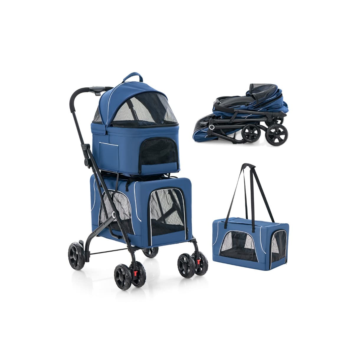 CostwayPoussette Double pour Animaux Poussette 3-en-1 Pliable pour 2 Chiens ou Chats avec 2 Transporteurs Détachables Ceinture de Sécurité Bleu