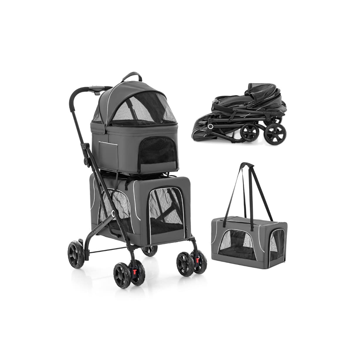 CostwayPoussette Double pour Animaux Poussette 3-en-1 Pliable pour 2 Chiens ou Chats avec 2 Transporteurs Détachables Ceinture de Sécurité Gris